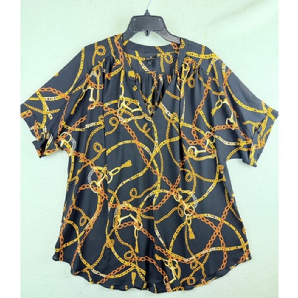 Worthington Blouse Womens XXL Black Chain Print V Neck 3/4 Sleeve Tunic Top